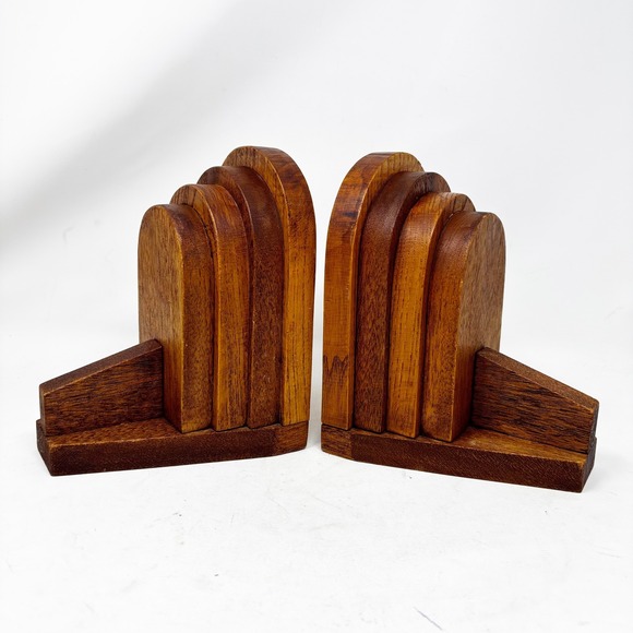 MCM Art Deco Style Wood Bookends Pair Fan Shape Medium Tone Home Decor - Picture 12 of 12